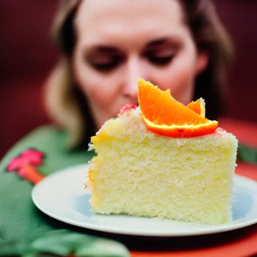 Image similar to woman eating orange cake, color film photography, 5 0 mm film