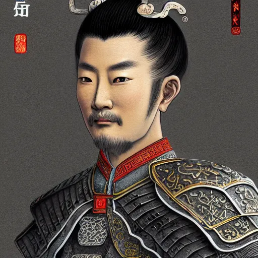 Image similar to dynamic composition, motion, ultra-detailed, incredibly detailed, a lot of details, amazing fine details and brush strokes, colorful and grayish palette, smooth, HD semirealistic anime CG concept art digital painting, watercolor oil painting of a Tang Ming dynasty chinese tao fantasy general wearing armor, from Three Kingdoms, by a Chinese artist at ArtStation, by Huang Guangjian, Fenghua Zhong, Ruan Jia, Xin Jin and Wei Chang. Realistic artwork of a Chinese videogame, gradients, gentle an harmonic grayish colors