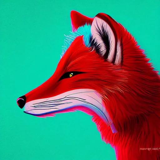 Prompt: digital unnaturally red coloured fox, retrowave palette, digital world, highly detailed, electric breeze, anatomically correct vulpine, synth feel, fluffy face, ear floof, flowing fur, super realism, accurate animal imagery, 4 k digital art