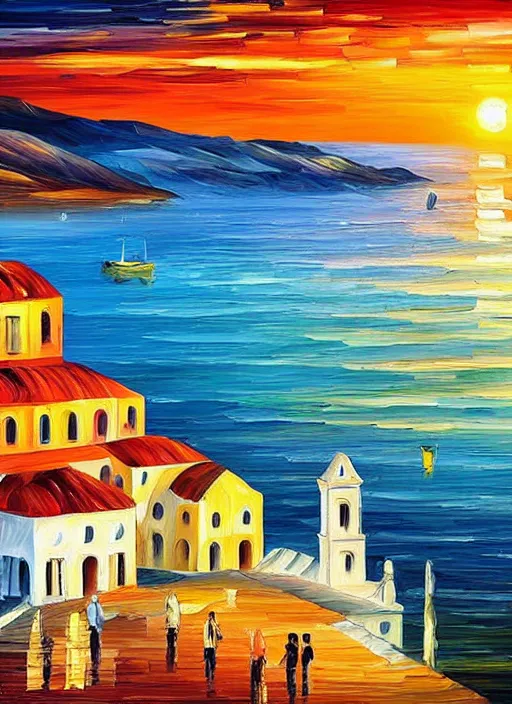 Image similar to beautiful seaside greek village at sunset in the style of leonid afremov