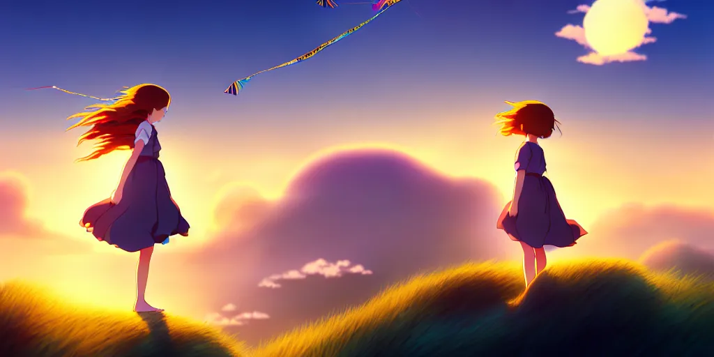 Image similar to the girl and the kites. beautiful sunrise. matte painting, anime, studio ghibli. intricate, elegant, super highly detailed, professional digital painting, artstation, concept art, smooth, Unreal Engine 5, Photorealism, HD quality, 8k resolution, cinema 4d, 3D, beautiful, cinematic