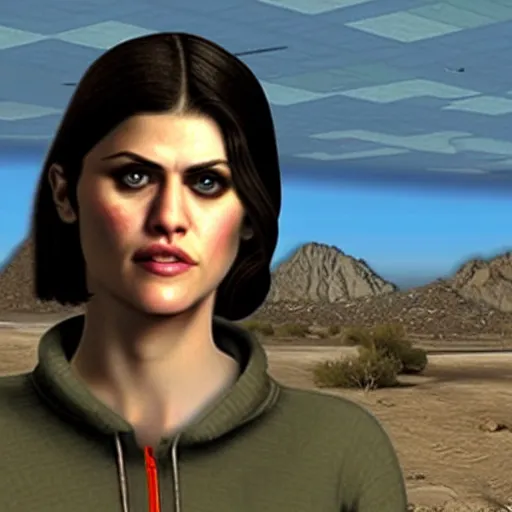 Image similar to a screenshot of alexandra daddario in the video game fallout new vegas. 3 d rendering. unreal engine. amazing likeness. very detailed. cartoon caricature