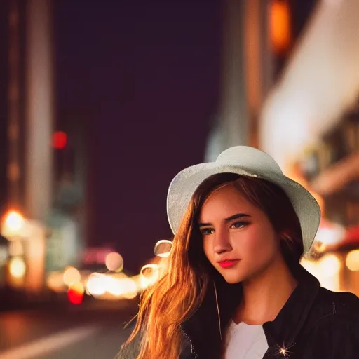 Image similar to photograph of a beautiful young woman in a city at night with bokeh, lens flare, out of focus light sources