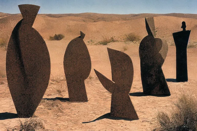 Image similar to surrealist sculpture figures by max ernst in a california desert landscape