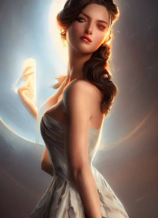 Image similar to beautiful fashion goddness, strapless dress, character portrait in the style of thomas river and artgerm, wlop, cinematic lighting, hyperdetailed, 8 k realistic, symmetrical, global illumination, radiant light, halo, love and mercy, frostbite 3 engine, cryengine, dof, trending on artstation, digital art, chanel