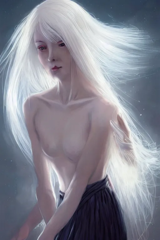 Prompt: magnum opus portrait professional photograph female holding white hair glowing, blush, pleated skirt, flowing hair, slim face, elegant, terry moore, masamune shirow, barclay shaw, karol bak, greg rutkowski