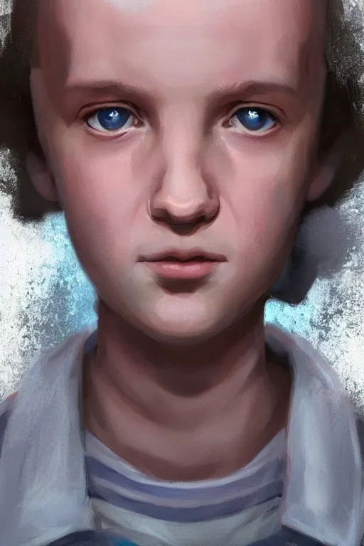 Image similar to a beautiful digital portrait painting of eleven from stranger things, by Craig Mullins. Volumetric light. Symmetry.