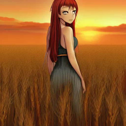 Image similar to digital illustration of Holo from Spice and Wolf standing in a wheat field at sunset, key visual