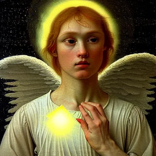 Prompt: renaissance hyper realistic painting of white angel!!! beautiful face, no gender!!!, ball of miracle light from the chest!!!!!, miracle light coming overhead!!, miracles everywhere, lot of fire and stars overhead!!!, by caspar david friedrich, misty space, holography effect, glow effect, large strokes, high detailed, white background