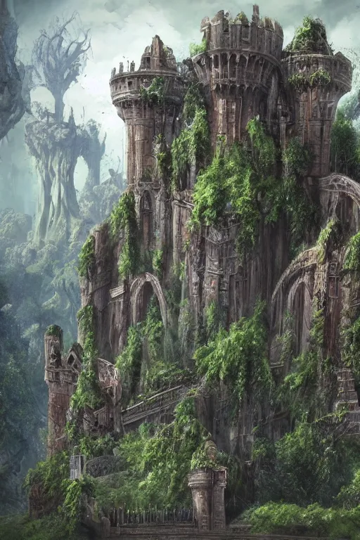 Prompt: gigantic castle, adorned pillars, towers, gnarly trees, lush vegetation, forrest, landscape, alex ross, neal Adams, david finch, concept art, matte painting, highly detailed, rule of thirds, dynamic lighting, cinematic, detailed, denoised, centerd