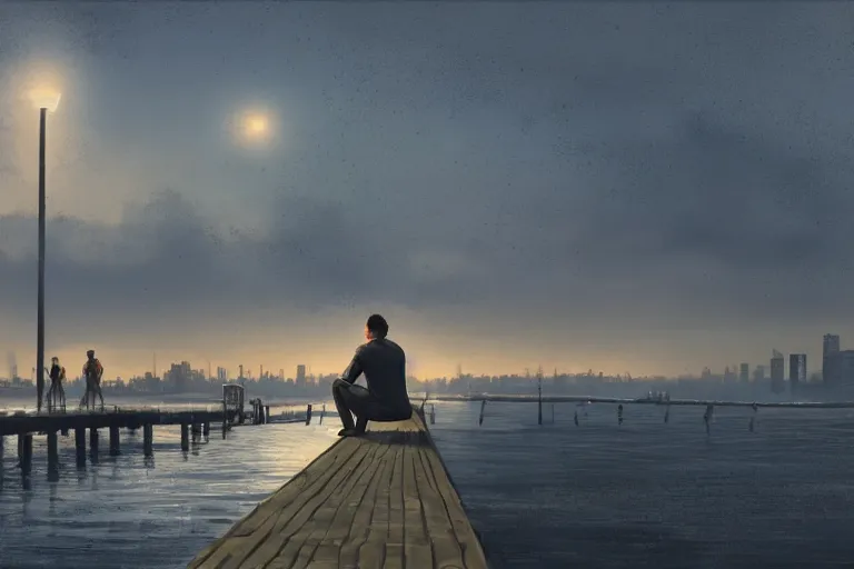 Prompt: A man sitting on a jetty, city in the background, cinematic lighting, Digital Painting