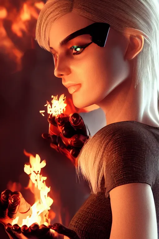 Image similar to gorgeous blonde woman with fire in her hand, cyberpunk, realistic, high definition, many details, shiny colorful, symmetrical face, realistic eyes, art of unreal engine 5