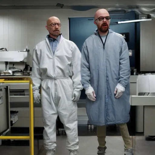 Prompt: walter white and jessie pinkman in gus frings underground laboratory on top of howard hamlin and lalo salamunca