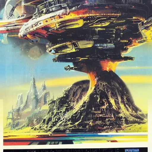 Prompt: 1970s science fiction poster by John Berkey, chris foss. technicolor color scheme