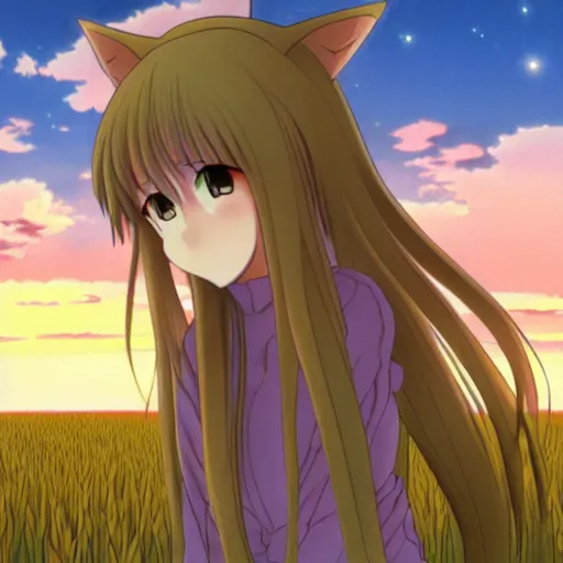 Image similar to anime illustration of Holo from Spice and Wolf standing in a wheat field at sunset, Holo if a wolf girl