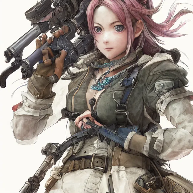 Image similar to the portrait of lawful neutral semi - colorful female infantry gunner as absurdly beautiful, gorgeous, elegant, young anime girl, an ultrafine hyperdetailed illustration by kim jung gi, irakli nadar, intricate linework, bright colors, octopath traveler, final fantasy, unreal engine 5 highly rendered, global illumination, radiant light, detailed and intricate environment