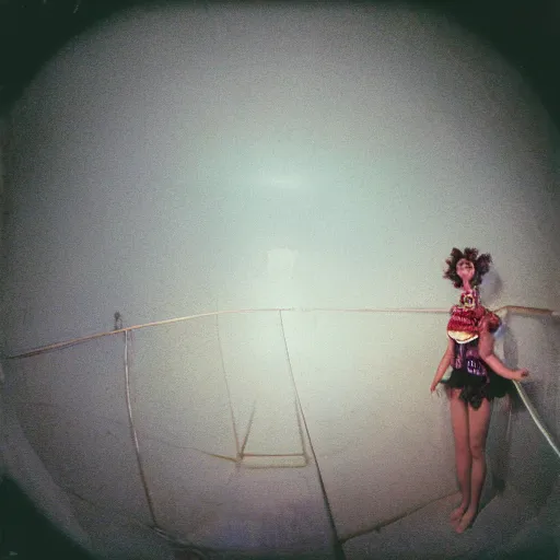 Image similar to kodak portra 4 0 0, wetplate, 8 mm extreme fisheye, photo of a surreal artsy dream scene, circus, grotesque, portrait