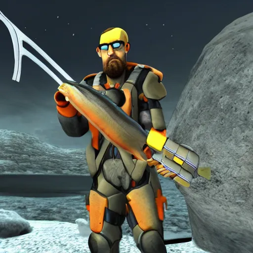 Image similar to gordon freeman with a halo over his head and fish for hands