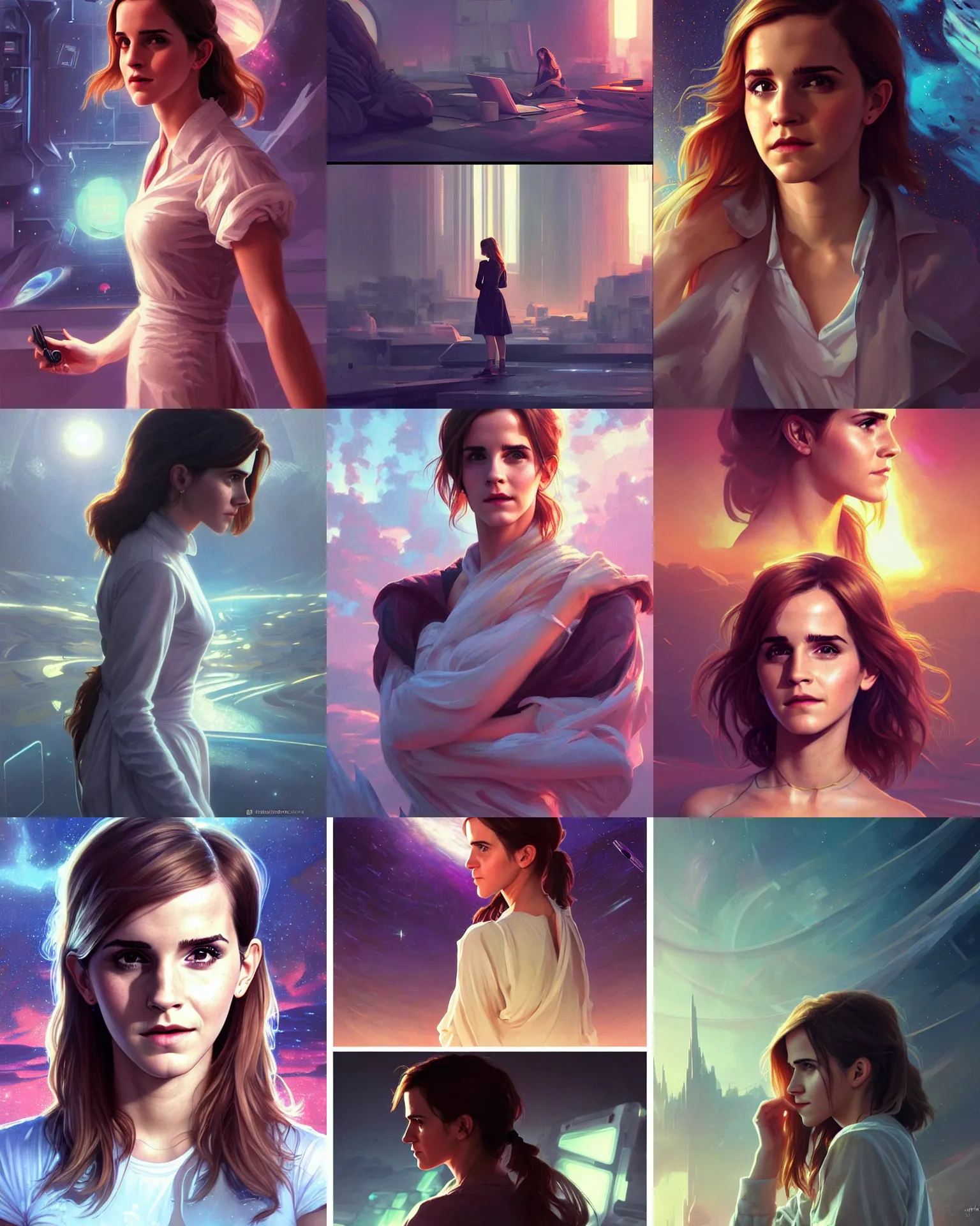 Prompt: hardmesh big tv - screen shows tv - news, emma watson telling news in newsroom, evening news program, space, galactic news, vaporwave, bedroom, highly detailed, digital painting, artstation, concept art, smooth, sharp focus, illustration, art by artgerm and greg rutkowski and alphonse mucha