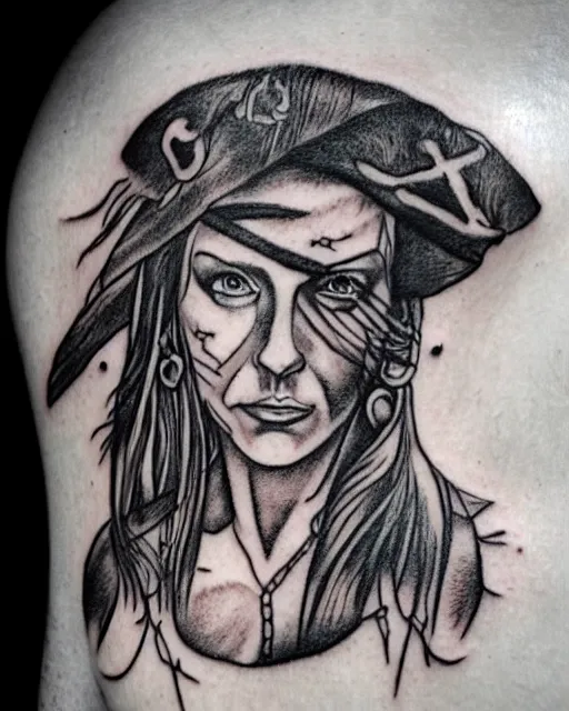 Image similar to pirate ship on a deserted island blended with a woman warrior face, realism tattoo drawing, hyper realistic, shaded