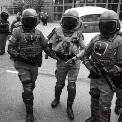 Image similar to extraterrestrial zeta reticulan grey alien, being arrested by spetsnaz