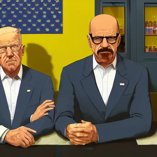 Prompt: Joe biden and Walter White in Los Pollos Hermanos in GTA V, cover by Stephen Bliss, artstation, no text