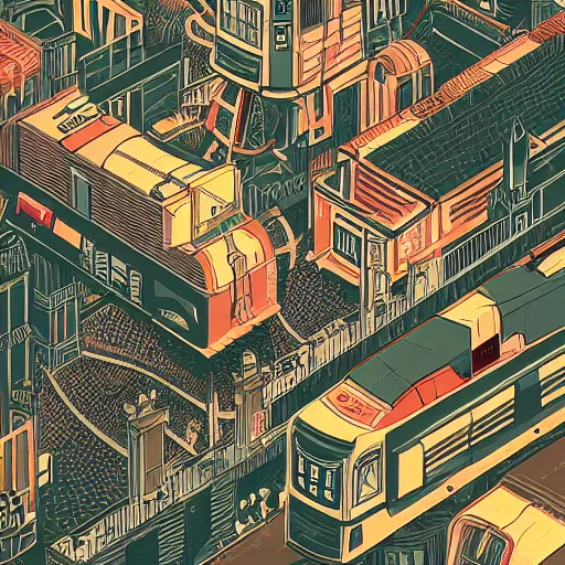 Prompt: Illustration with isometric view, isometric paris cityscape and subway system, illustration by Victo Ngai