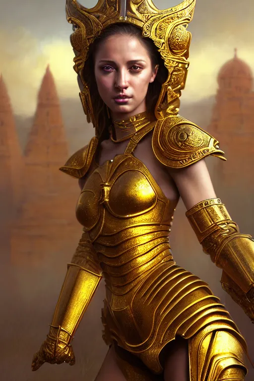 Prompt: professional digital art of a hyper realistic and highly detailed photography beautiful woman in a beautiful complex and sexy golden armor. girl's face is hyper realistic, symetric, and highly detailed. background is an ancient temple, knights of zodiac. greg rutkowski, zabrocki, karlkka, jayison devadas, intricate, artstation, 8 k, unreal engine 5