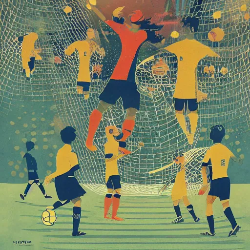 Image similar to illustration of soccer emotions, by Victo Ngai and James Gilleard and Bruce Pennington