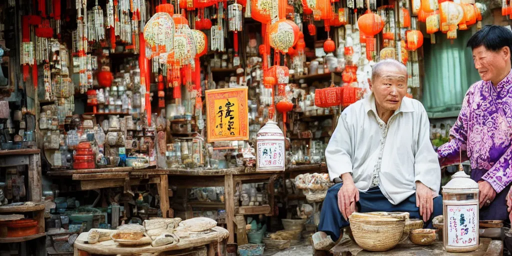 Image similar to ancient chinese traditional medicine shop with an old chinese man holding a jar, photography