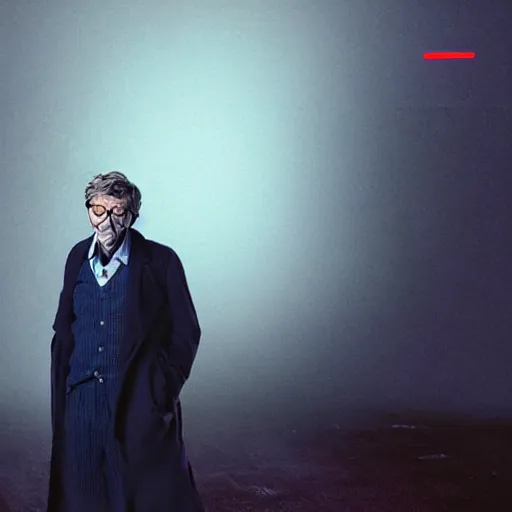 Image similar to blood ugly bill gates as a rough dirty old man with a scruffy beard in a dark blue trenchcoat as the new doctor who, cinematic, volumetric lighting, f 8 aperture, cinematic eastman 5 3 8 4 film, photorealistic