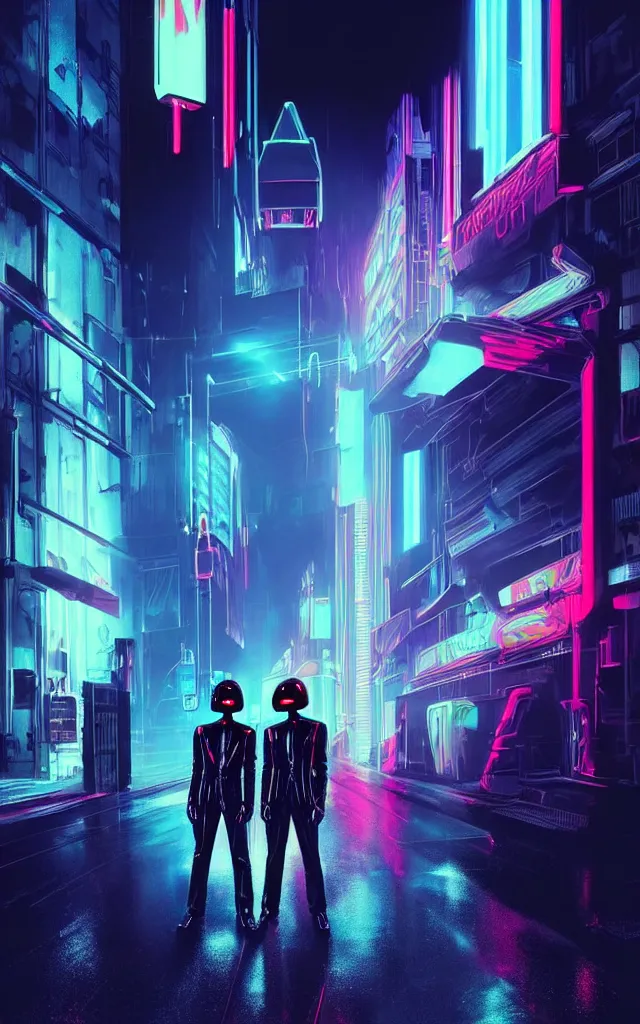 Image similar to concept art of daft punk at a magnificent dark neon futuristic cyberpunk city bustling street at night cyberart by liam wong in the film akira rendered in octane, 3 d render, trending on cgsociety, blender 3 d
