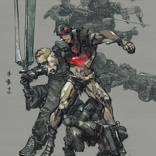 Image similar to hero sitting on a chair holding a sword on his back, looking at a army in the background illustrated by yoji shinkawa, pencil art, extra detail, dynamic, colored, blood, metal swords