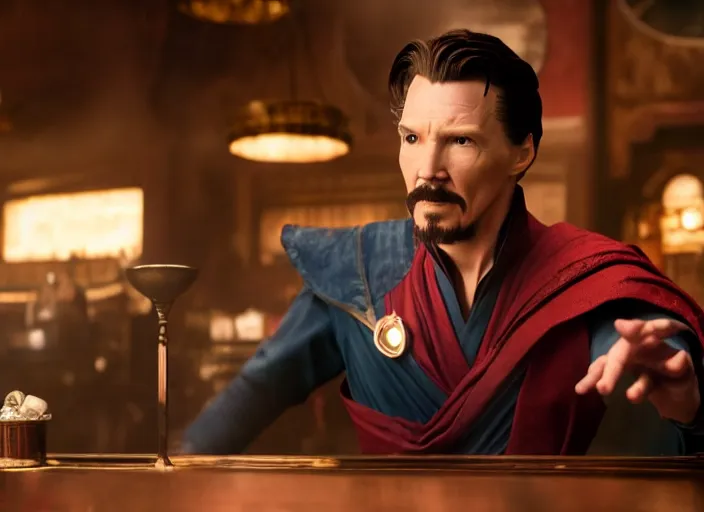 Image similar to film still of singular Doctor Strange working as a bartender in the new Avengers movie, 4k