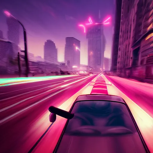 Prompt: a first person driving in the retrowave city ultra realistic, highly detailed, sharp focus, cinematic lighting, mood lighting, realistic, vivid colors, painting, photorealistic, digital art, non blurry, sharp, smooth, illustration, 4 k, artstation,