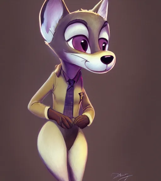 Image similar to oil painting of full body of anthromorphic female wolf, in style of zootopia, zootopia, zootopia, fursona, furry, furaffinity, 4 k, deviantart, furry art, fursona art, wearing black business suit, business suit, in style of zootopia, wolf fursona, cyberpunk, female, expressive detailed feminine face,