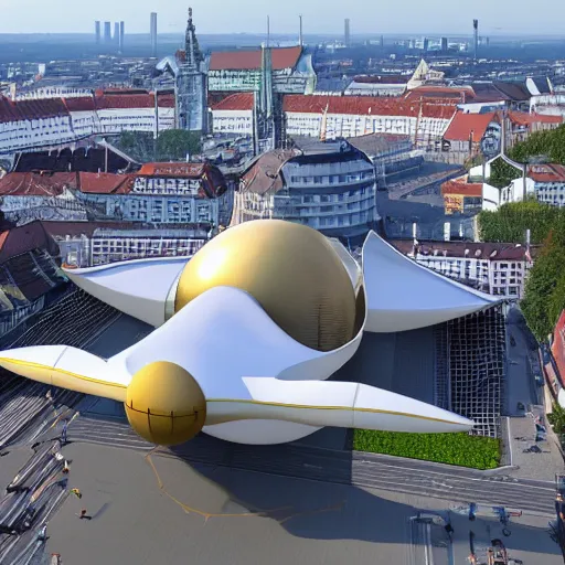 Image similar to hyperrealistic image of chinese spaceship landing in munich germany