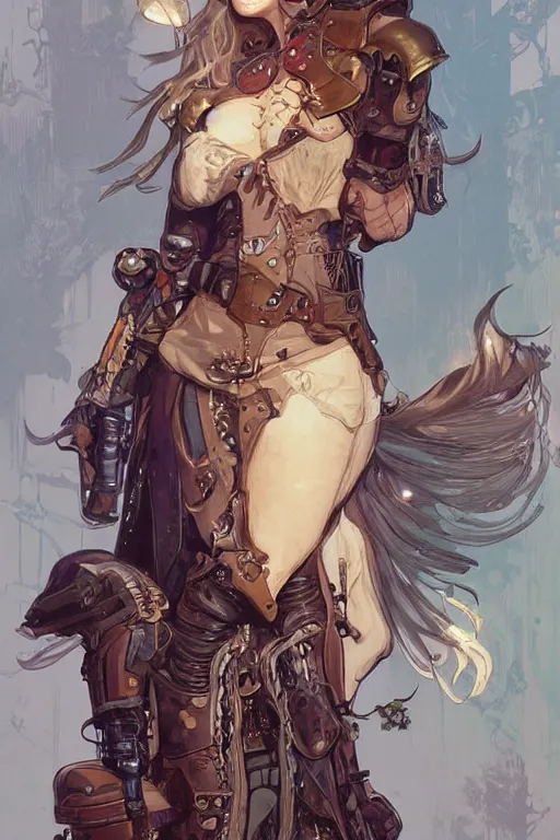 Prompt: drew barrymore steampunk half - cyborg cowgirl, pelt coats, high fantasy, dnd, smooth, sharp focus, illustration, highly detailed, digital painting, artstation, concept art, by rossdraws, alphonse mucha, frank fanzzeta, collectible card art