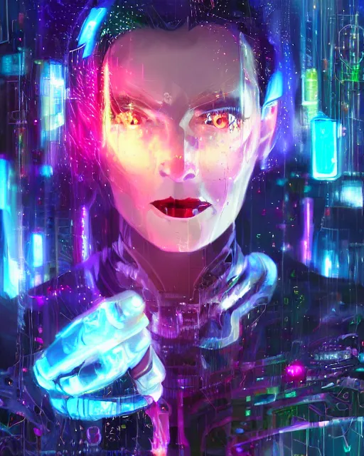 Image similar to a cyberpunk close up portrait of enchanting cyborg cruella de vil, electricity, rainbow, sparks, bokeh, soft focus, sparkling, glisten, water drops, cold, dark, geometric, temples behind her, by paul lehr, jesper ejsing