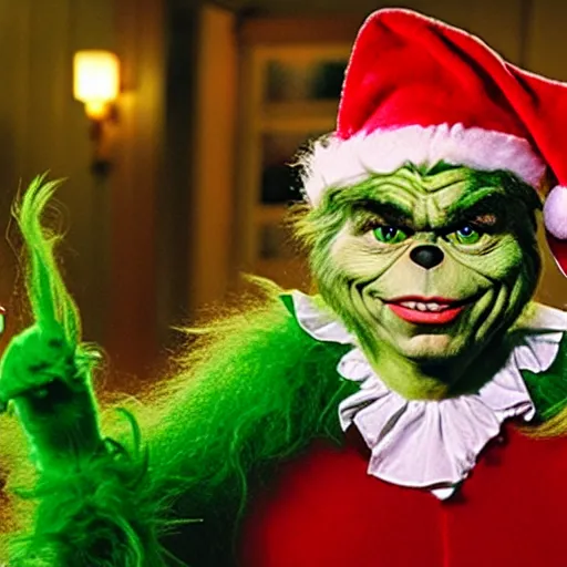 Image similar to a photography of billy bob Thornton disguised as the Grinch.