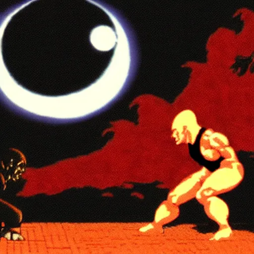 Prompt: picard fighting akuma from street fighter 2 at night with a full moon low in the sky