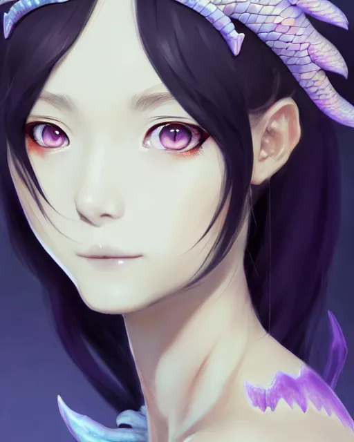Image similar to character concept art of a woman with water dragon horns and wings | | very anime, dragon scales, cute - fine - face, pretty face, realistic shaded perfect face, fine details by stanley artgerm lau, wlop, rossdraws, james jean, andrei riabovitchev, marc simonetti, and sakimichan, trending on artstation
