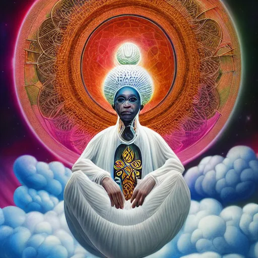 Image similar to obatala the cosmic god sitting on a throne of nebula clouds, by Adi granov and afarin sajedi and amanda sage and evgeni gordiets in a psychedelic portrait style, ultrarealistic matte painting, volumetric lighting, piercing eyes, highly detailed face, orisha, 8k, hd