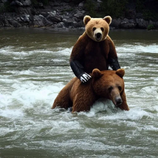 Prompt: dexter morgan riding a bear in a river grainy photo