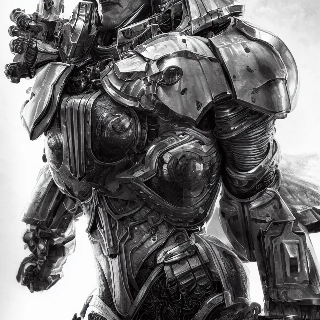 Prompt: the portrait of a pale female cyborg in space marine armor as beautiful, stoic, elegant,, focused an ultrafine hyperdetailed illustration by kim jung gi, irakli nadar, intricate linework, detailed faces, octopath traveler, unreal engine highly rendered, global illumination, radiant light, detailed and intricate environment
