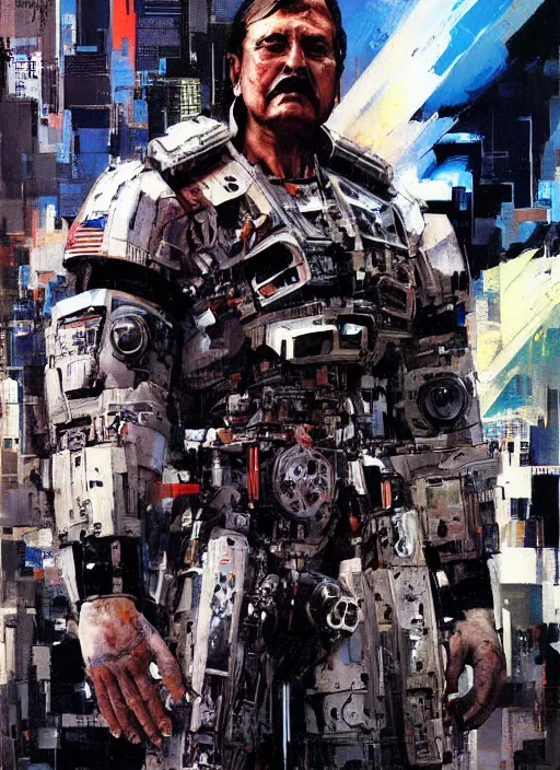 Image similar to cyborg pinochet painting by john berkey and yoji shinkawa