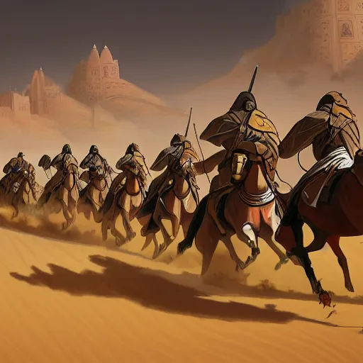 Image similar to crusaders charging across the desert sand at the arabian army, medieval, highly detailed, digital painting, concept art, sharp focus, by makoto shinkai