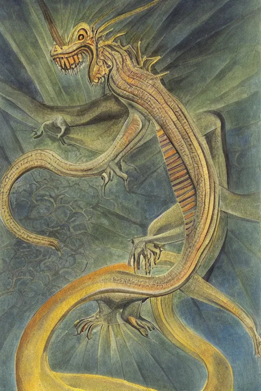 Prompt: stunning, highly detailed, painting of a Basilisk by William Blake, masterpiece, dramatic, 4k, high quality