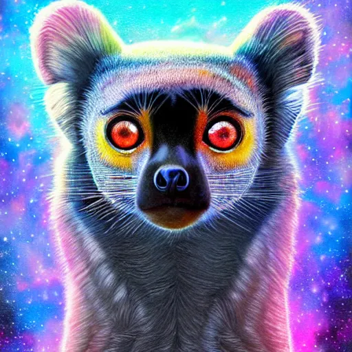 Prompt: geometric symmetrical lemur with galaxy eyes in space, nebula in the background, intricate, elegant, highly detailed, digital painting, artstation, concept art, smooth, sharp focus, illustration, art by artgerm