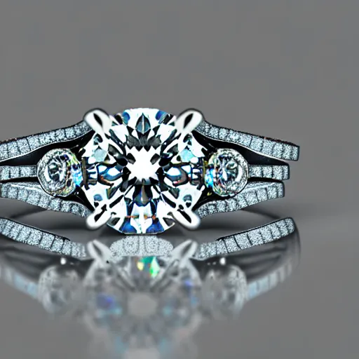 Image similar to photo of a wedding ring with two diamonds outside and one in the middle, photo realistic, hyper detailed, concept art, victorian, multiple angles